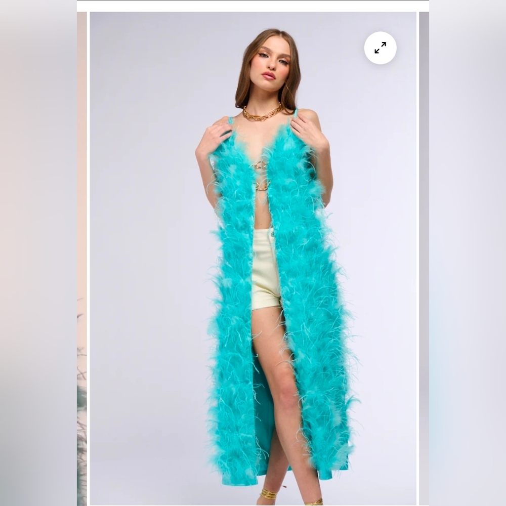 Turquoise Feathered Long Vest - Picture 5 of 5